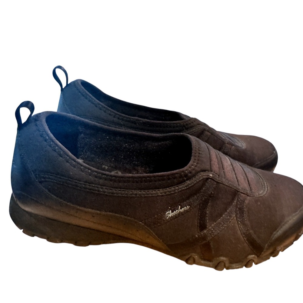 Skechers Womens Slip On Sneakers Shoes Size 10 Black Leather Textile Relaxed Fit